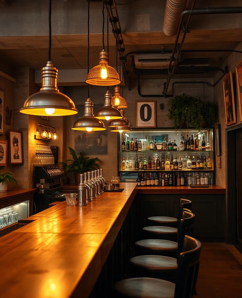 Industrial bar counter with copper pendant lamps