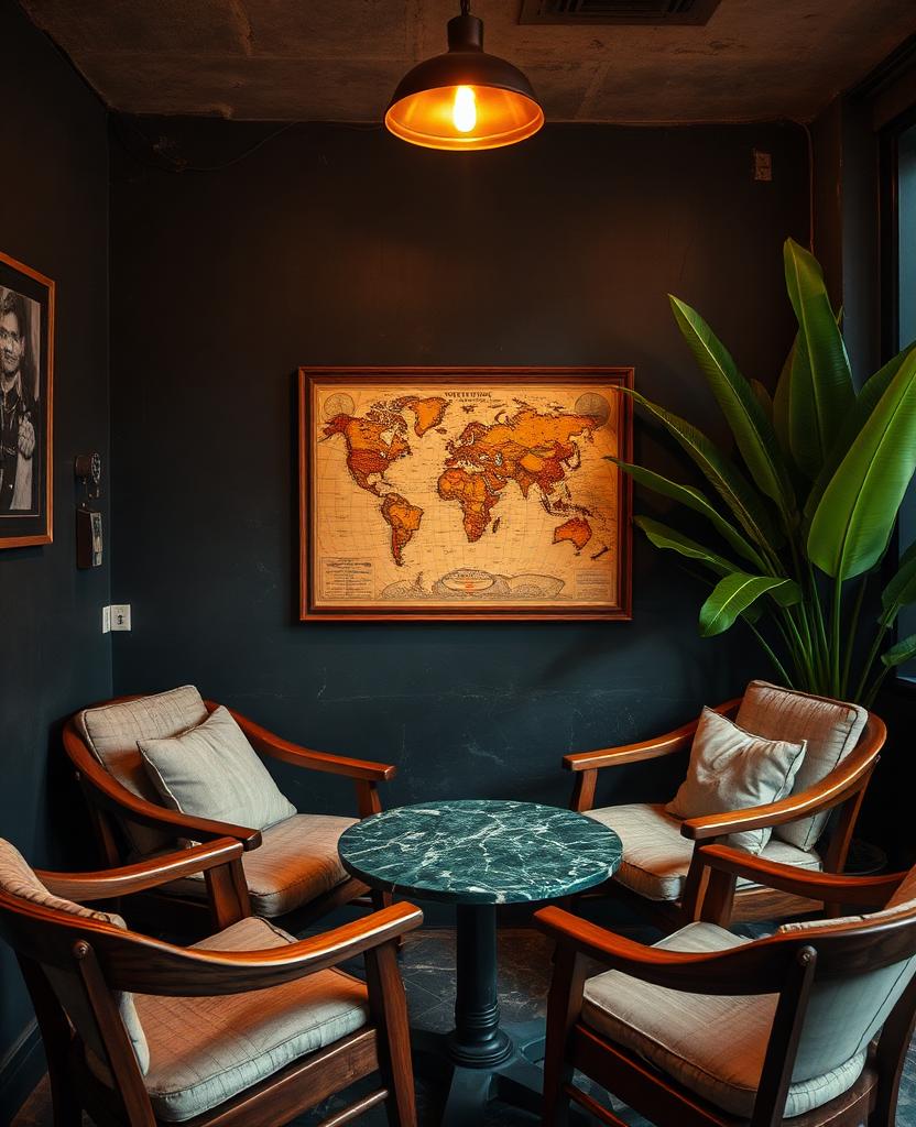 Cosy vintage lounge corner with an antique map