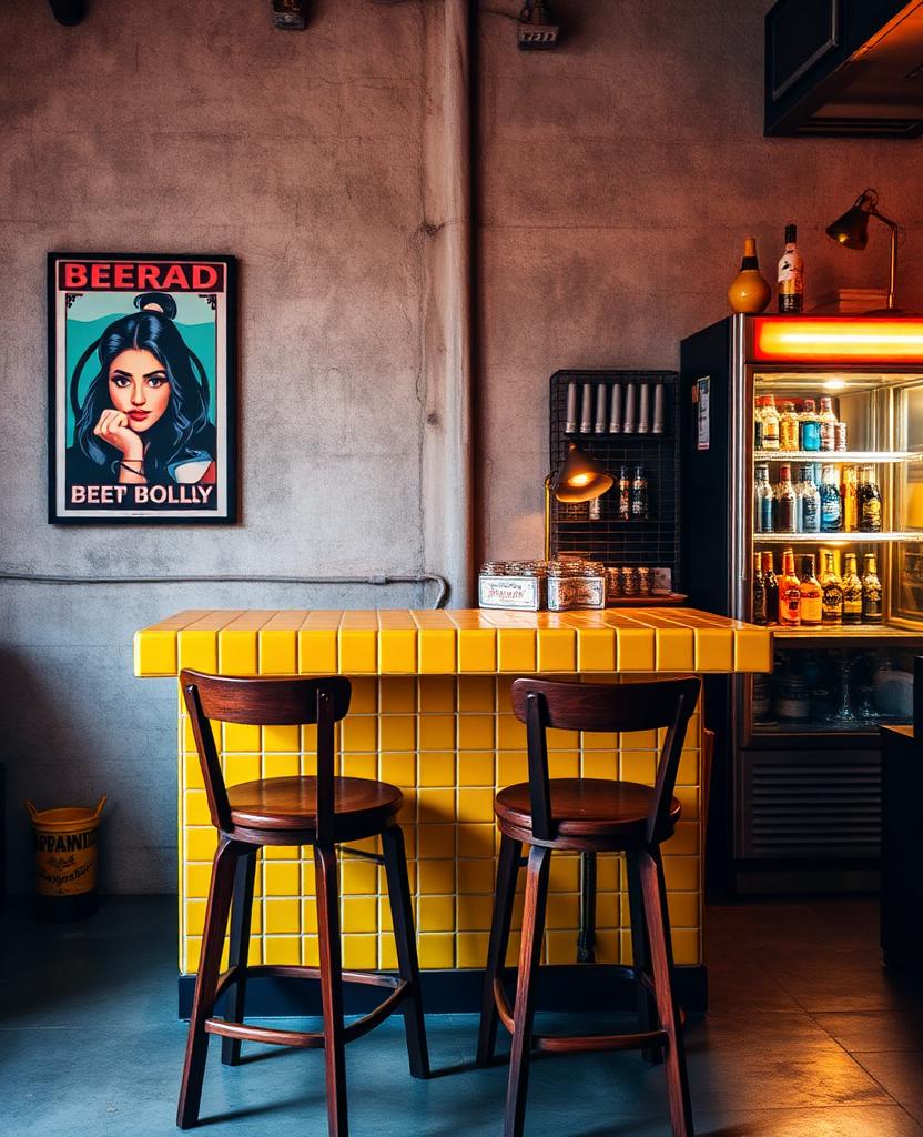 Bright yellow high-table with vintage pop-art posters
