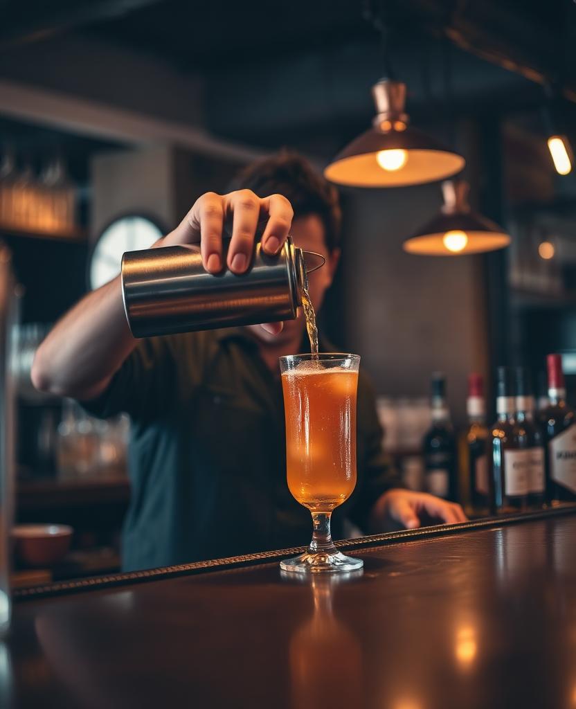 Bartender mid-pour behind the bar