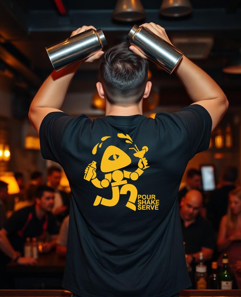 STASH bartender in a black tee with the yellow Pour Shake Serve mascot, shaking cocktails