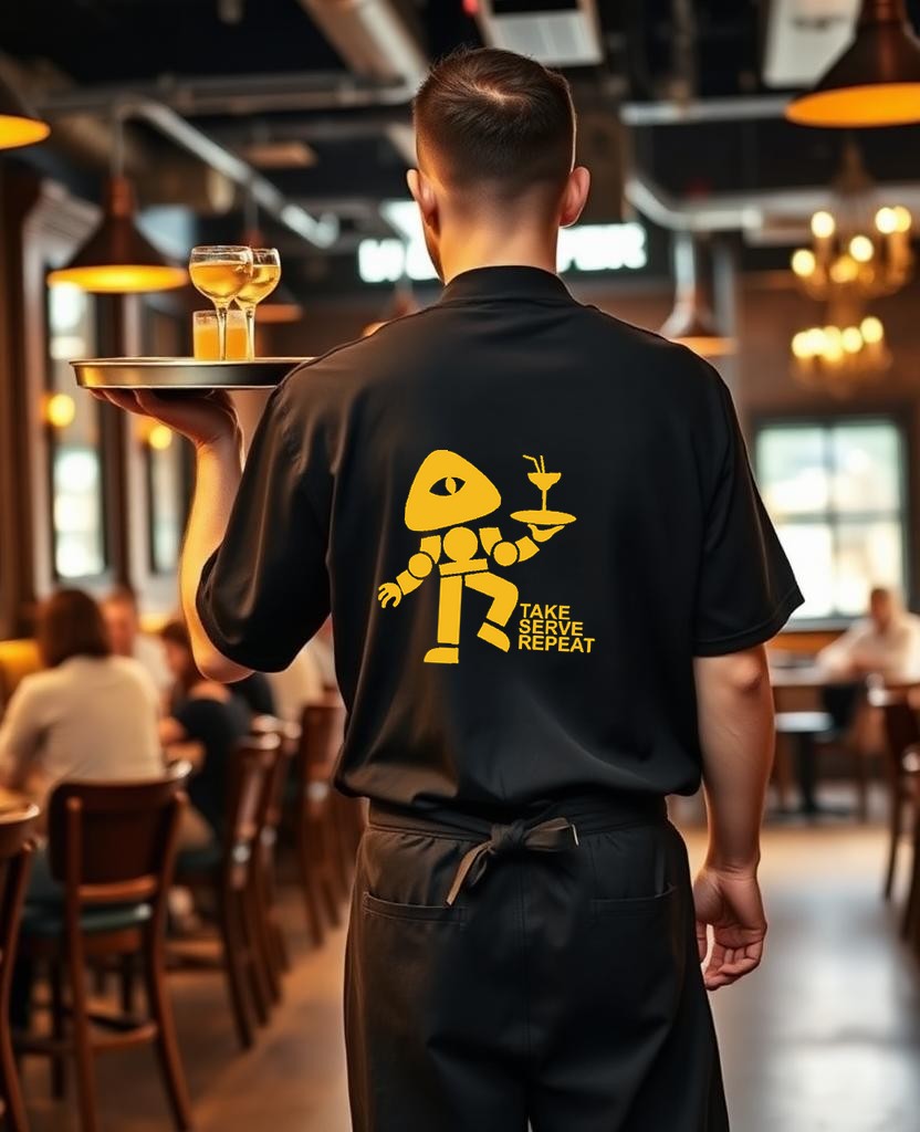 STASH waiter in a black tee with the yellow Take Serve Repeat mascot, carrying a tray